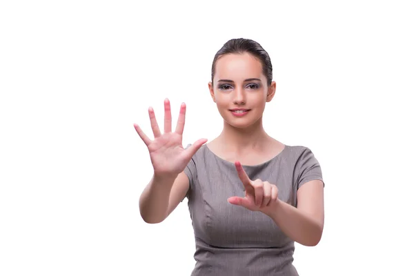 Pengusaha wanita muda menekan tombol virtual terisolasi pada warna putih — Stok Foto