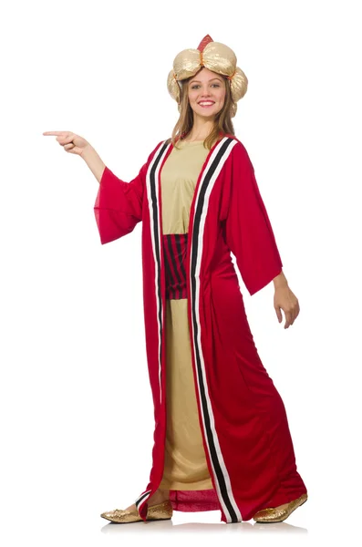 Woman wizard in red clothing isolated on white — Stock Photo, Image