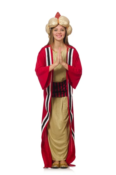 白で隔離赤い服の女性ウィザード — ストック写真