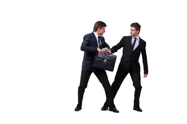 Dois gêmeos empresários discutindo uns com os outros isolados em branco — Fotografia de Stock