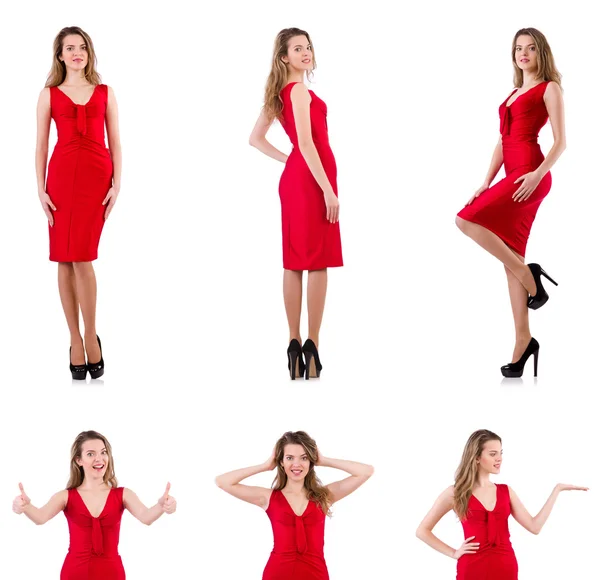 Young woman in red dress isolated on white — Stock Photo, Image