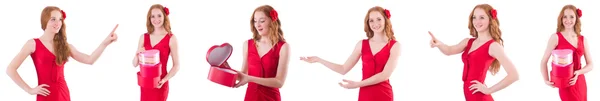 Red dress woman holding gift box isolated on white — Stock Photo, Image