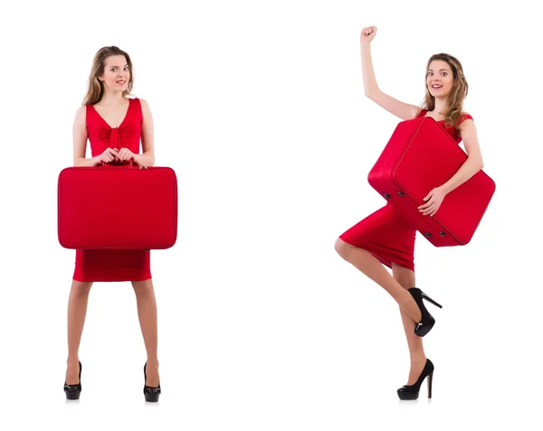 スーツケースは、白で隔離を赤いドレスの若い女性 — ストック写真