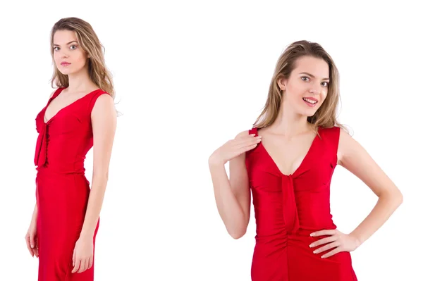 Jovem mulher em vestido vermelho isolado no branco — Fotografia de Stock