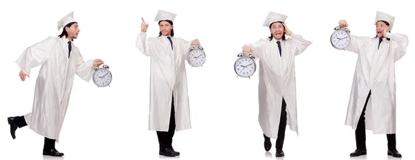 Giovane studente con orologio isolato su bianco — Foto Stock