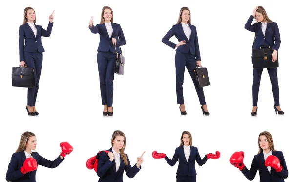 Geschäftsfrau mit Boxhandschuhen auf weiß — Stockfoto