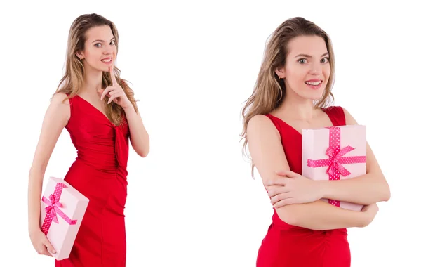 Pretty girl holding gift box isolated on white — Stock Photo, Image