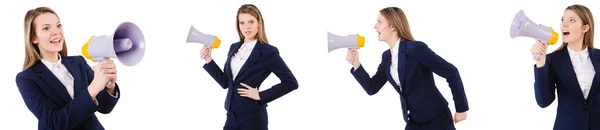 Mujer de negocios con altavoz aislado en blanco — Foto de Stock