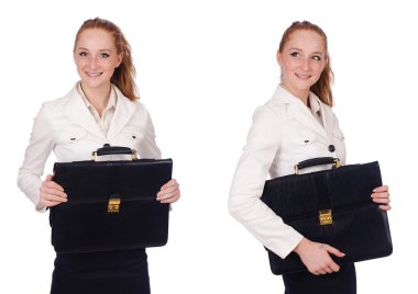 Evrak çantalı iş kadını beyaza izole edilmiş.