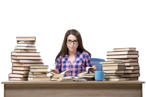 Joven estudiante preparándose para los exámenes de la universidad aislado en blanco —  Fotos de Stock