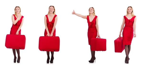 Travelling woman with suitcase isolated on white — Stock Photo, Image