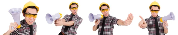 Junger Bauarbeiter mit Lautsprecher isoliert auf weiß — Stockfoto