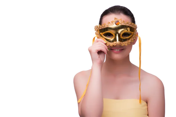 Genç kadın üzerinde beyaz izole maskesi — Stok fotoğraf