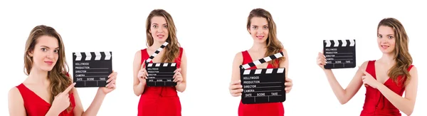 Woman holding movie clapperboard isolated on white — Stock Photo, Image