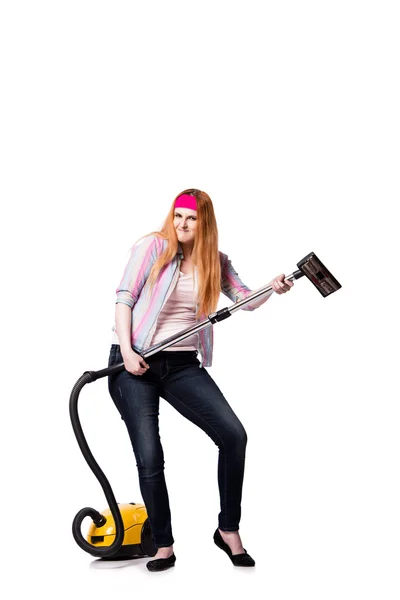 Funny housewife with vacuum cleaner isolated on white — Stock Photo, Image