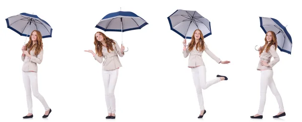 Jovem mulher com guarda-chuva no branco — Fotografia de Stock