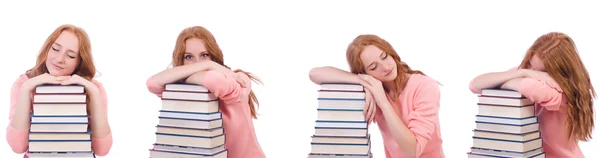 Mulher estudante com pilhas de livros — Fotografia de Stock