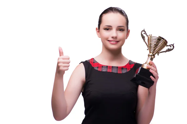 Woman with cup award isolated on white — Stock Photo, Image