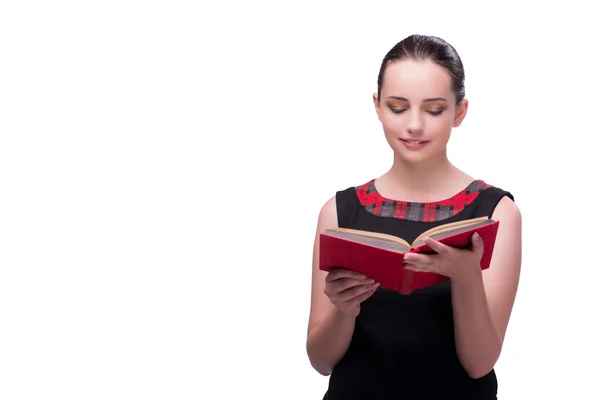 Joven estudiante leyendo libro aislado en blanco —  Fotos de Stock