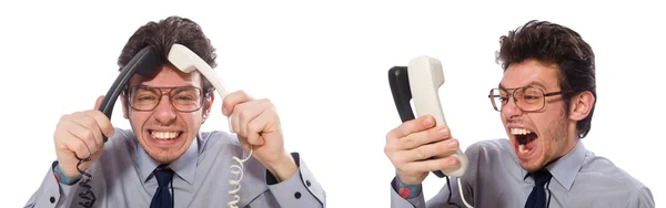 Angry call center employee in collage — Stock Photo, Image