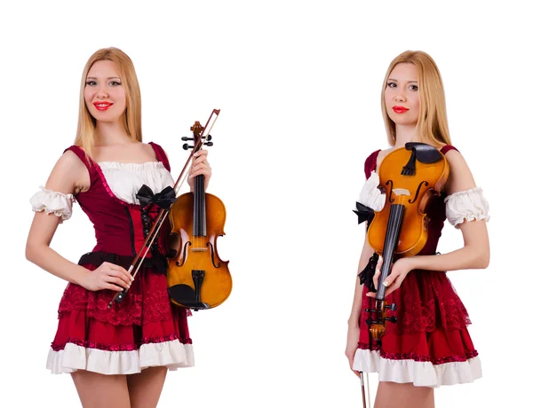 Bavarian girl playing the violin isolated on white — Stock Photo, Image