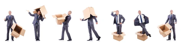 Collage of photos with man and boxes — Stock Photo, Image
