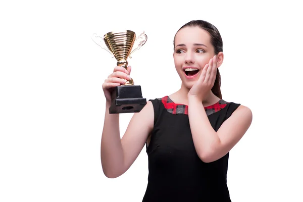 Woman with cup award isolated on white — Stock Photo, Image