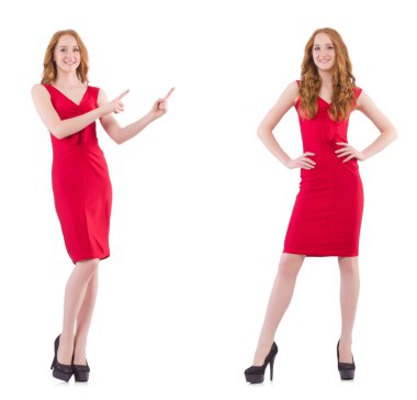 Kırmızı elbiseli güzel bir kız, beyaz tenli.