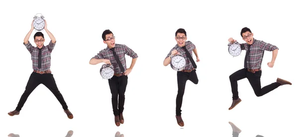 Jeune homme avec horloge isolé sur blanc — Photo