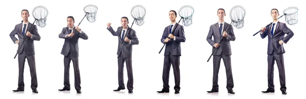 Colage of businessman with catching net on white — Stock Photo, Image