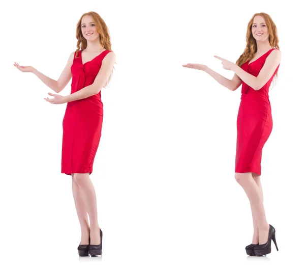 Pretty young girl in red dress isolated on white — Stock Photo, Image