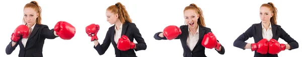 Mulher empresária com luvas de boxe em branco — Fotografia de Stock