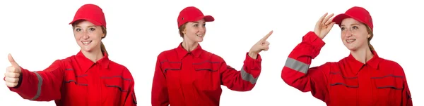 Woman in red overalls isolated on white — Stock Photo, Image