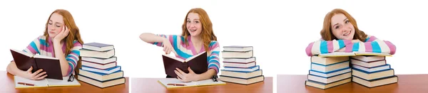 Joven estudiante con libros aislados en blanco —  Fotos de Stock