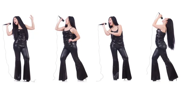 Kobieta śpiewa w klubie karaoke w różnych pozach na białym — Zdjęcie stockowe