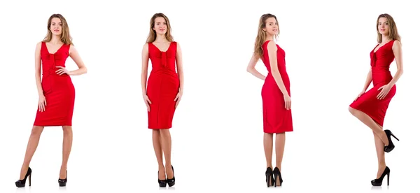 Young woman in red dress isolated on white — Stock Photo, Image