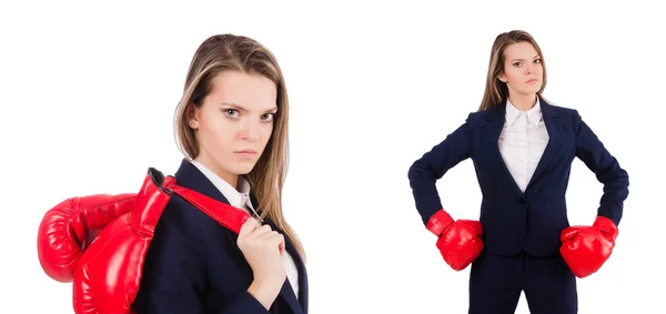 Vrouw zakenvrouw met bokshandschoenen op wit — Stockfoto