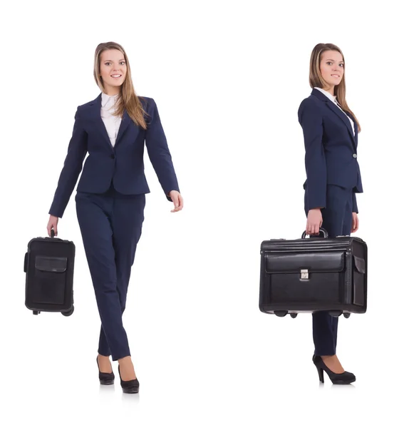 Young businesswoman with suitcase isolated on white — Stock Photo, Image