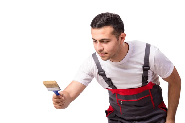 Peintre avec brosse à rouleaux isolé sur blanc — Photo