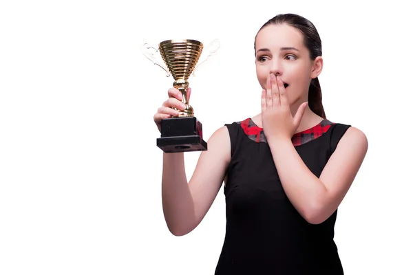 Woman with cup award isolated on white — Stock Photo, Image