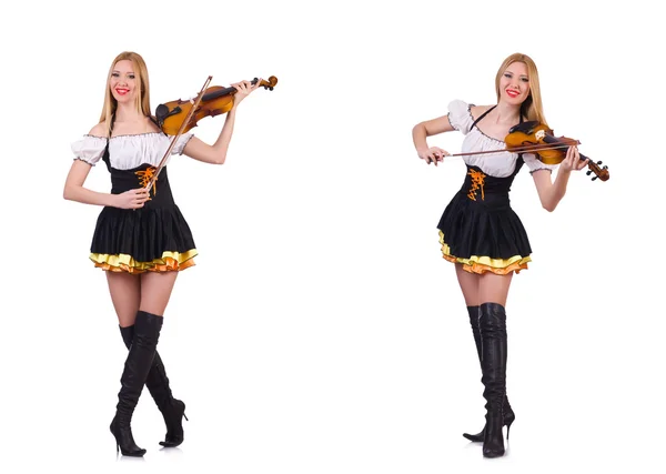흰색으로 분리 된 바이올린을 연주하는 바이에른 소녀 — 스톡 사진