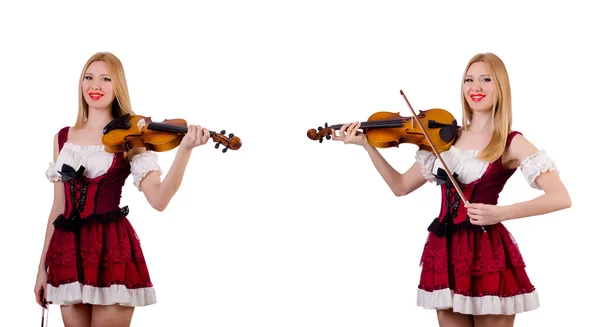 Menina bávara tocando o violino isolado no branco — Fotografia de Stock