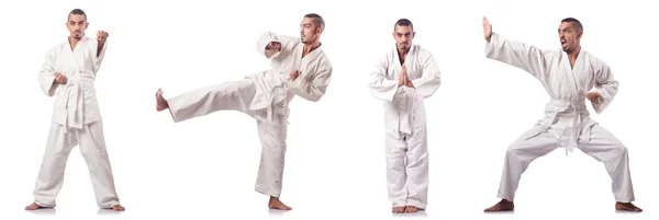 Collage van karate speler in kimono geïsoleerd op wit — Stockfoto