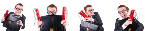 Woman businesswoman with dynamite stick isolated on white — Stock Photo, Image