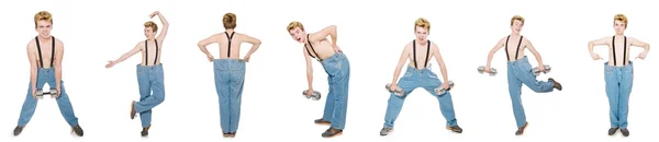 Collage de hombre divertido con mancuernas en blanco — Foto de Stock