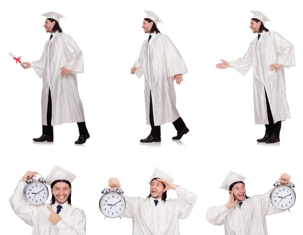 Ung man student med klockan isolerad på vit — Stockfoto