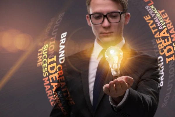 Young businessman with light bulb in idea concept — Stock Photo, Image