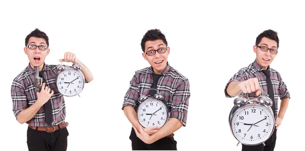 Ung man med klockan isolerad på vitt — Stockfoto