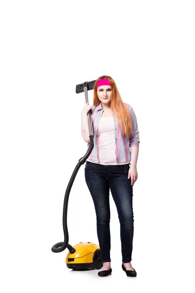 Funny housewife with vacuum cleaner isolated on white — Stock Photo, Image