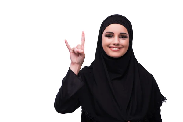 Muslimische Frau in schwarzem Kleid isoliert auf weißem Grund — Stockfoto